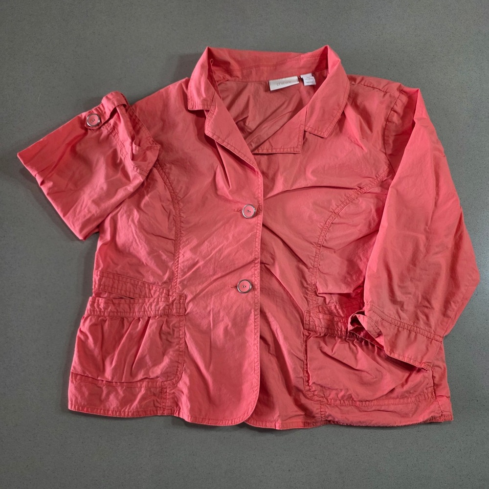 Chicos Coral Pink Cotton Utility Jacket Size 3 XL 3/4 Sleeve Button Front Pocket